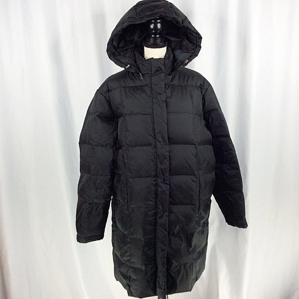 Pacific Trail Womens Down Trench Coat Jacket Size XL Black Quilted Hooded Parka